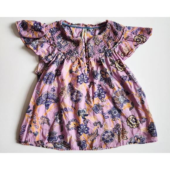 Anthropologie Tops - Anthropologie Bohemian Purple Floral Blouse Brass Buttons Flutter Sleeves Size M